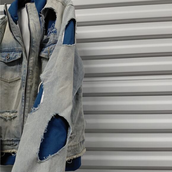 6th NBRHD Stripes Men’s Light Wash Distressed Denim Jacket XL Streetwear Y2K - Picture 9 of 13